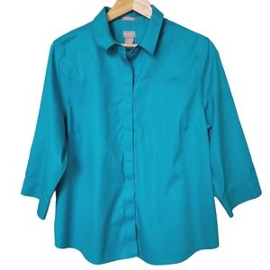 CHICO’S Turquoise No-Iron Stain Shield Button Down Darted Career Blouse size 3